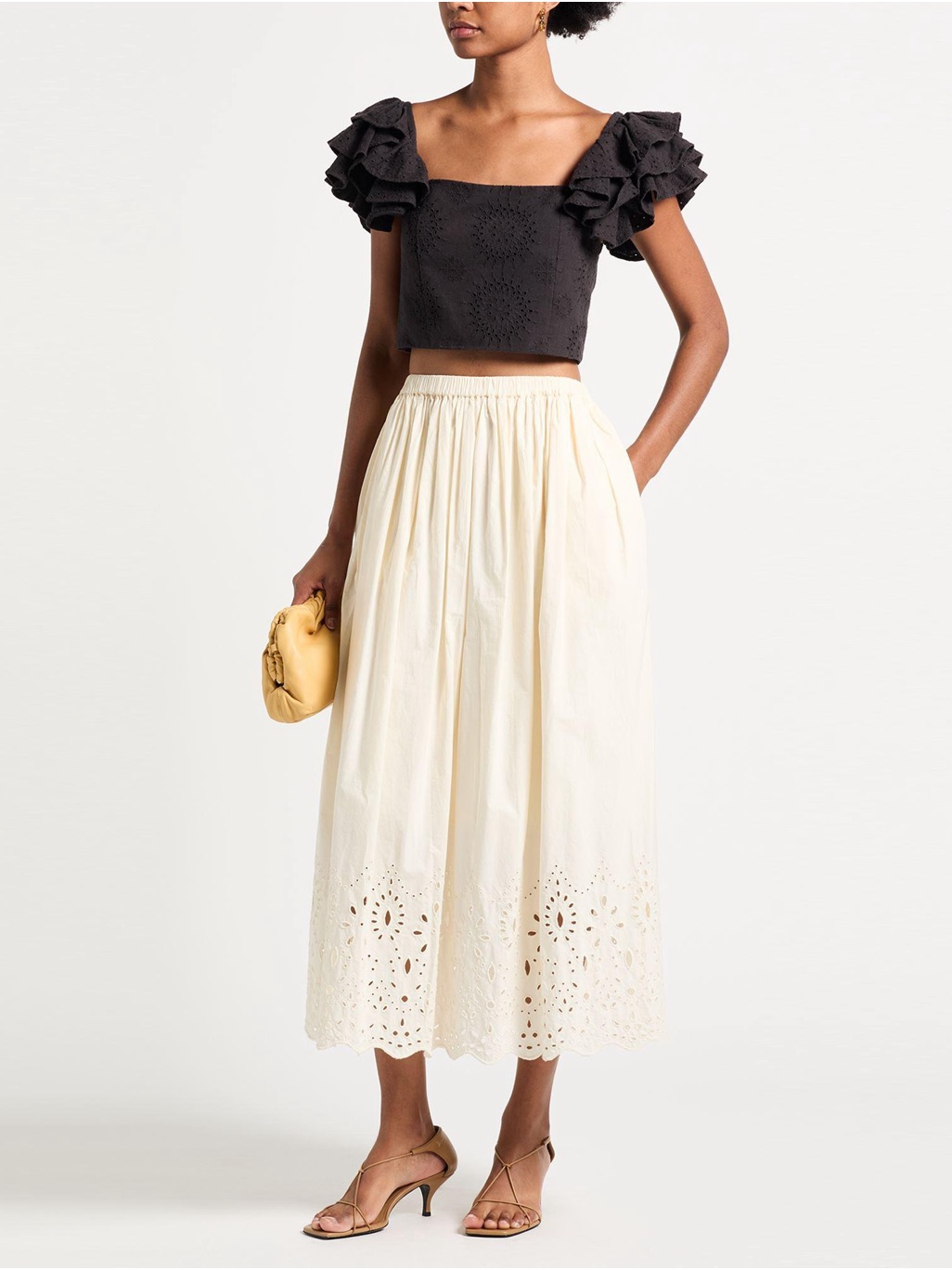 Rhode Cream Eyelet Midi Skirt With Eyelet Scallop Hem
